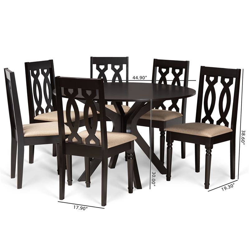 Pemberly Row 7-Piece Wood Dining Set with Sand Upholstery in Dark Brown