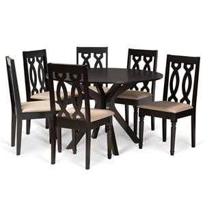 Pemberly Row 7-Piece Wood Dining Set with Sand Upholstery in Dark Brown