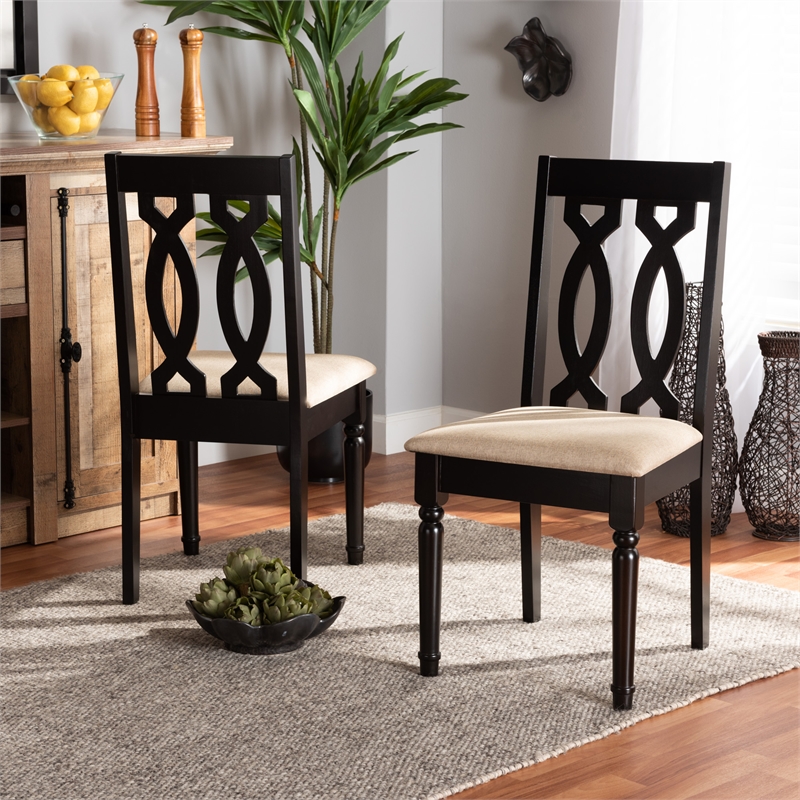 Pemberly Row 2-Piece Wood Dining Chair Set in Brown with Sand Upholstery