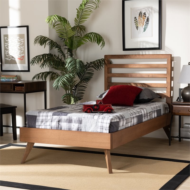 Pemberly Row Twin Platform Bed with Walnut Finish and Slatted Headboard