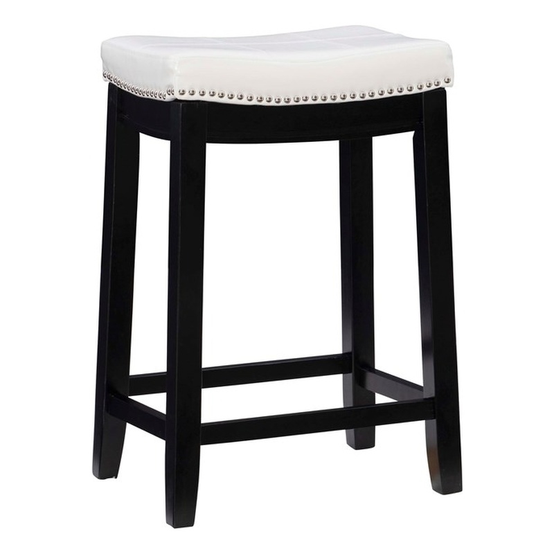 Pemberly Row Backless Counter Stool in White Faux Leather with Wood Frame