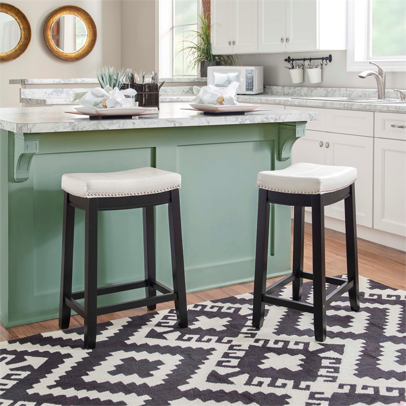 Pemberly Row Backless Counter Stool in White Faux Leather with Wood Frame