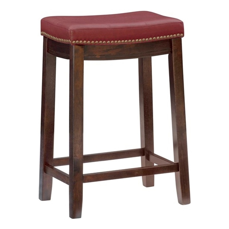 Pemberly Row Backless Counter Stool in Mottled Red Faux Leather and Wood