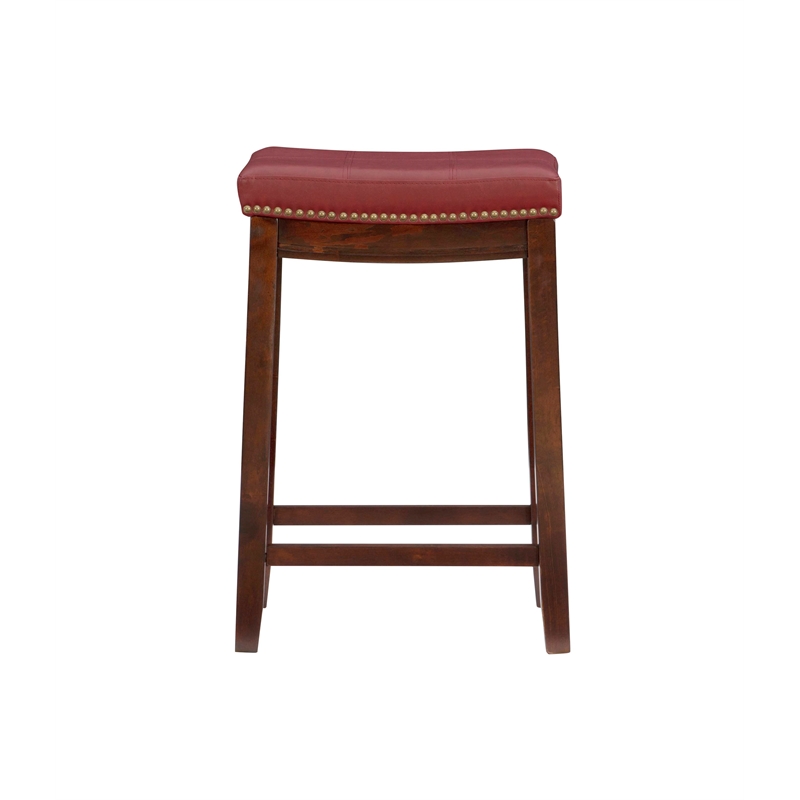 Pemberly Row Backless Counter Stool in Mottled Red Faux Leather and Wood