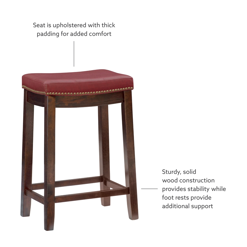 Pemberly Row Backless Counter Stool in Mottled Red Faux Leather and Wood