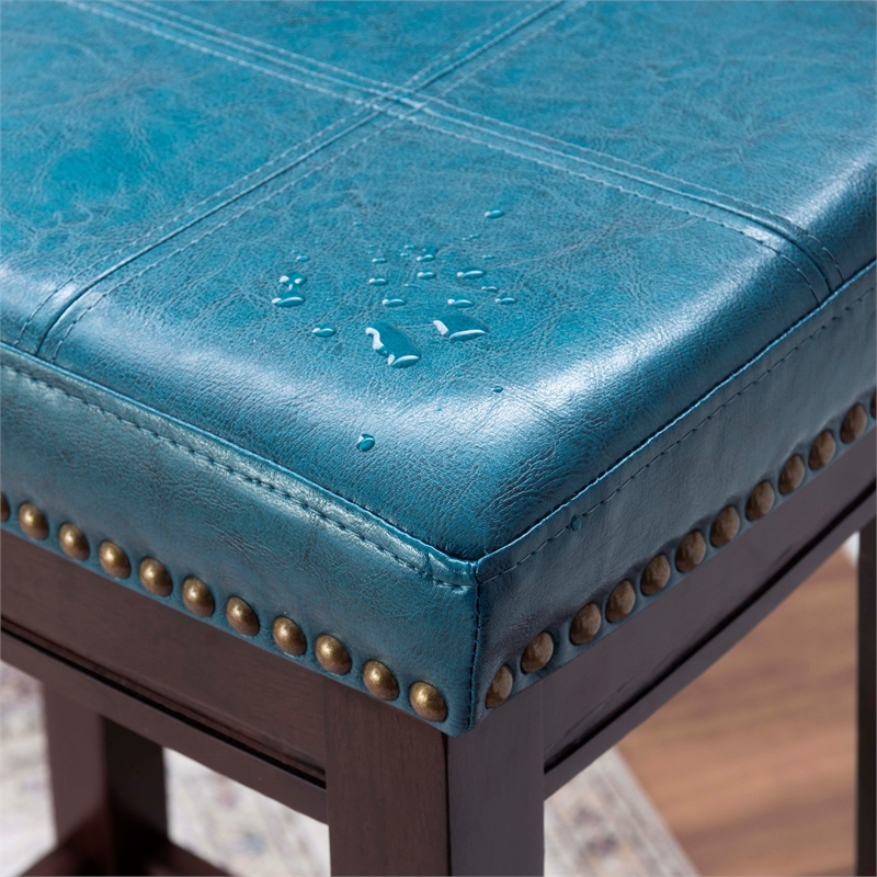 Pemberly Row Backless Bar Stool in Mottled Blue Faux Leather with Wood Legs