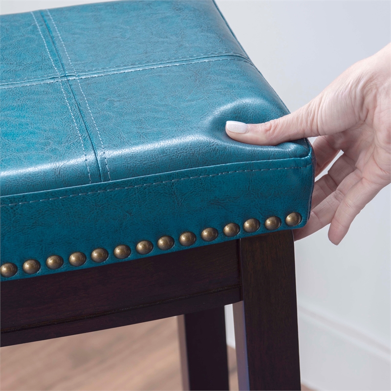 Pemberly Row Backless Bar Stool in Mottled Blue Faux Leather with Wood Legs