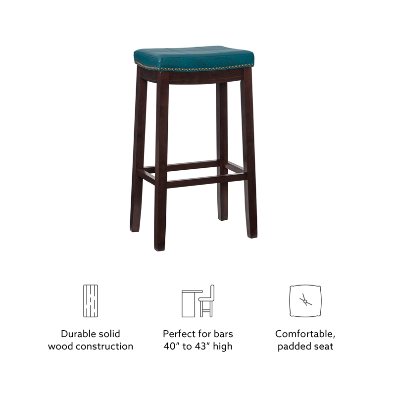 Pemberly Row Backless Bar Stool in Mottled Blue Faux Leather with Wood Legs