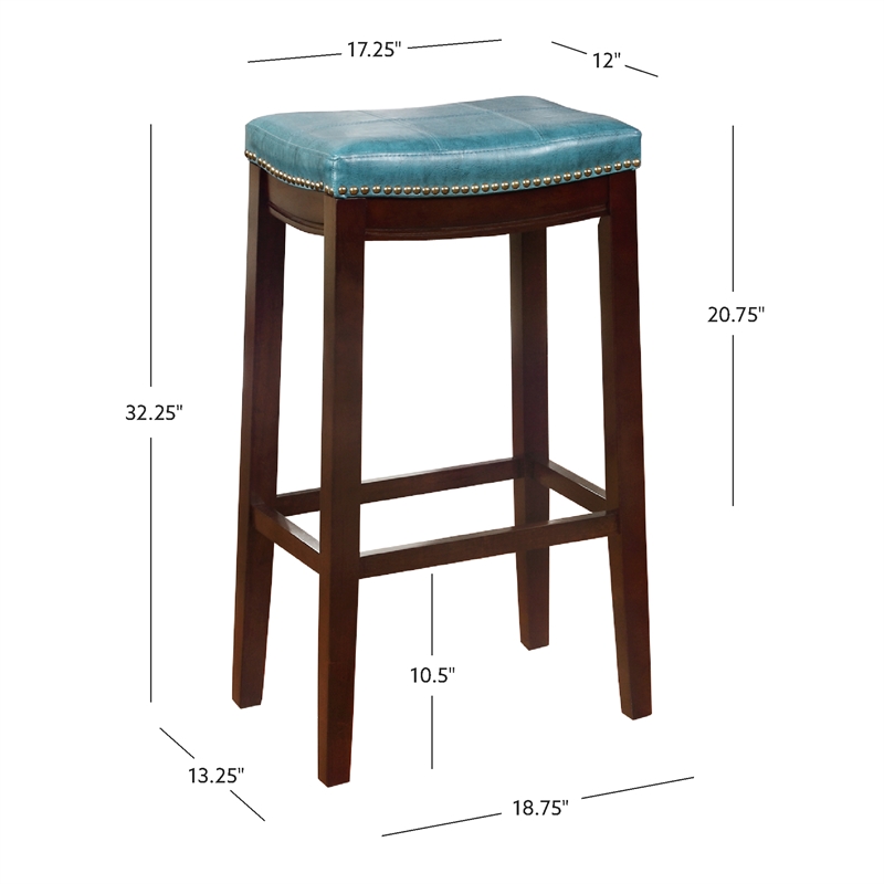 Pemberly Row Backless Bar Stool in Mottled Blue Faux Leather with Wood Legs