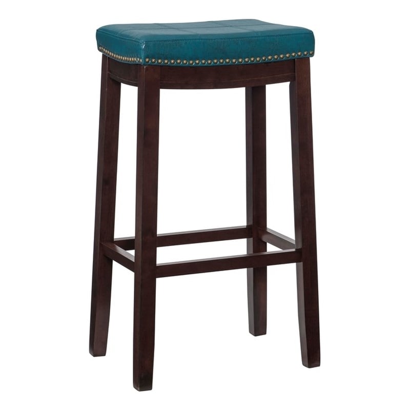 Pemberly Row Backless Bar Stool in Mottled Blue Faux Leather with Wood Legs