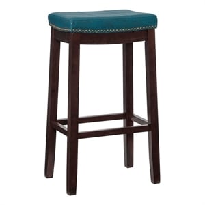 Pemberly Row Backless Bar Stool in Mottled Blue Faux Leather with Wood Legs