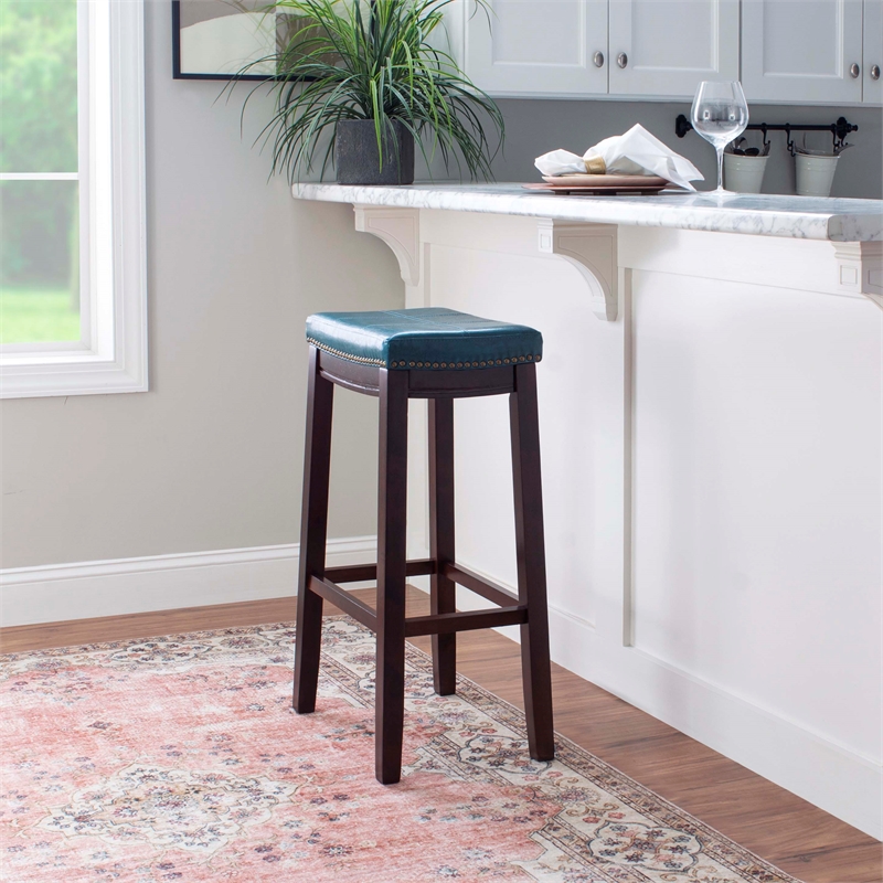 Pemberly Row Backless Bar Stool in Mottled Blue Faux Leather with Wood Legs