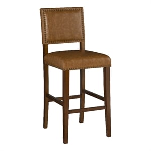 Pemberly Row 30&quot Bar Stool Wood Frame Faux Leather Seat Walnut Brown