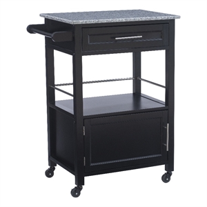Pemberly Row Granite Top Wood Rolling Kitchen Cart Storage Black Finish