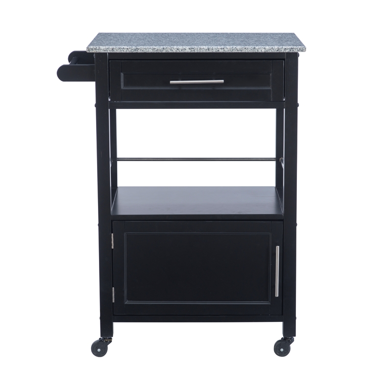 Pemberly Row Granite Top Wood Rolling Kitchen Cart Storage Black Finish