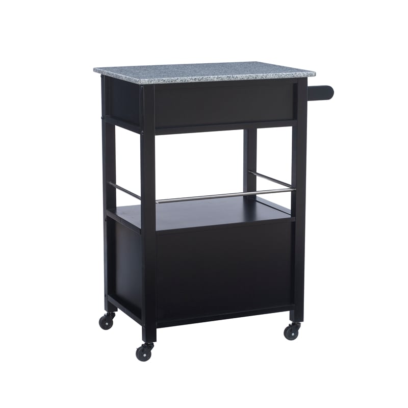 Pemberly Row Granite Top Wood Rolling Kitchen Cart Storage Black Finish
