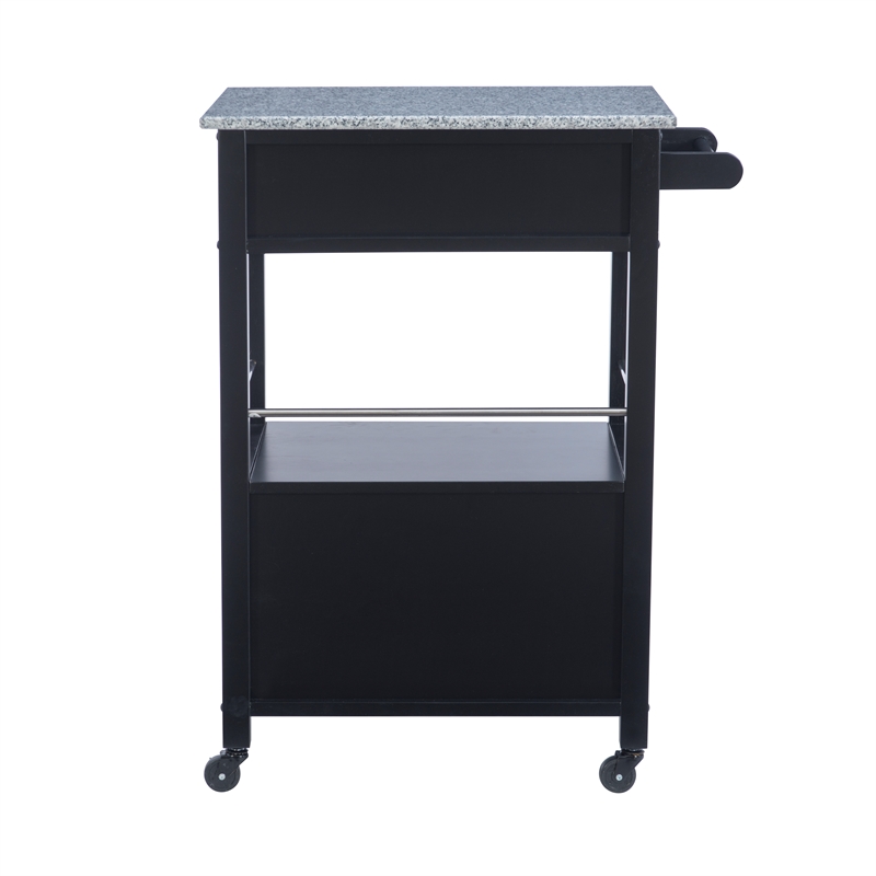 Pemberly Row Granite Top Wood Rolling Kitchen Cart Storage Black Finish