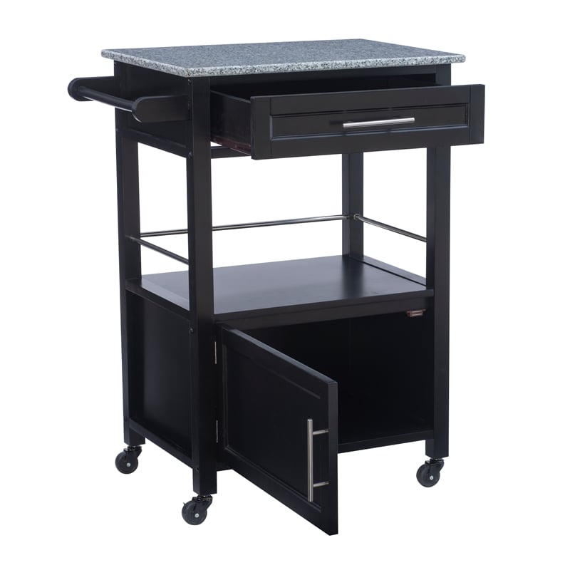 Pemberly Row Granite Top Wood Rolling Kitchen Cart Storage Black Finish
