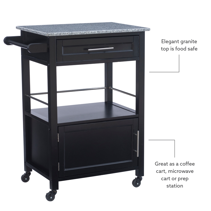 Pemberly Row Granite Top Wood Rolling Kitchen Cart Storage Black Finish
