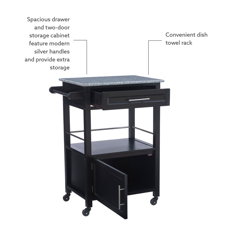 Pemberly Row Granite Top Wood Rolling Kitchen Cart Storage Black Finish