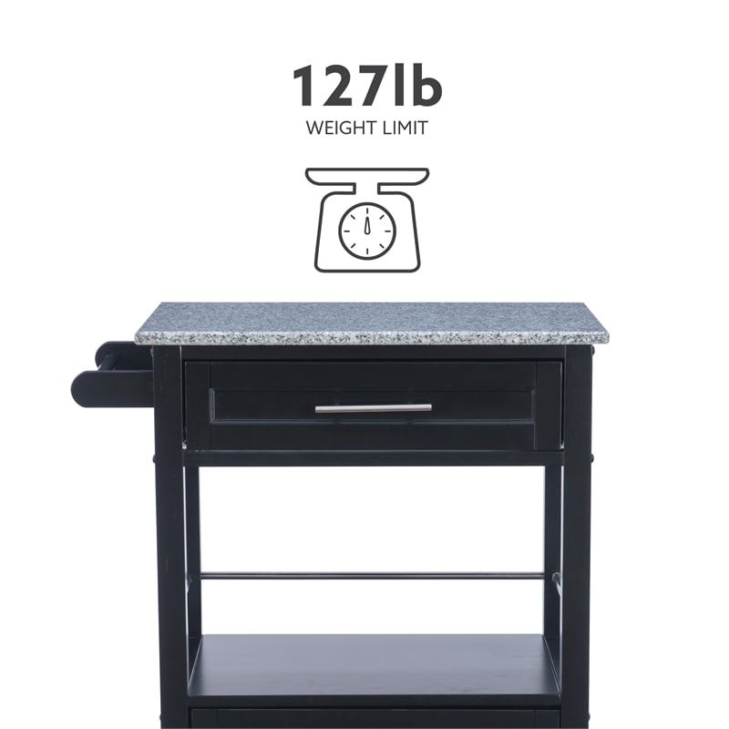 Pemberly Row Granite Top Wood Rolling Kitchen Cart Storage Black Finish