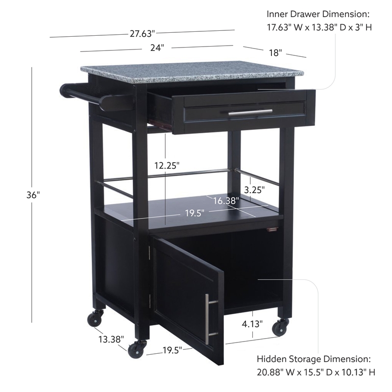 Pemberly Row Granite Top Wood Rolling Kitchen Cart Storage Black Finish