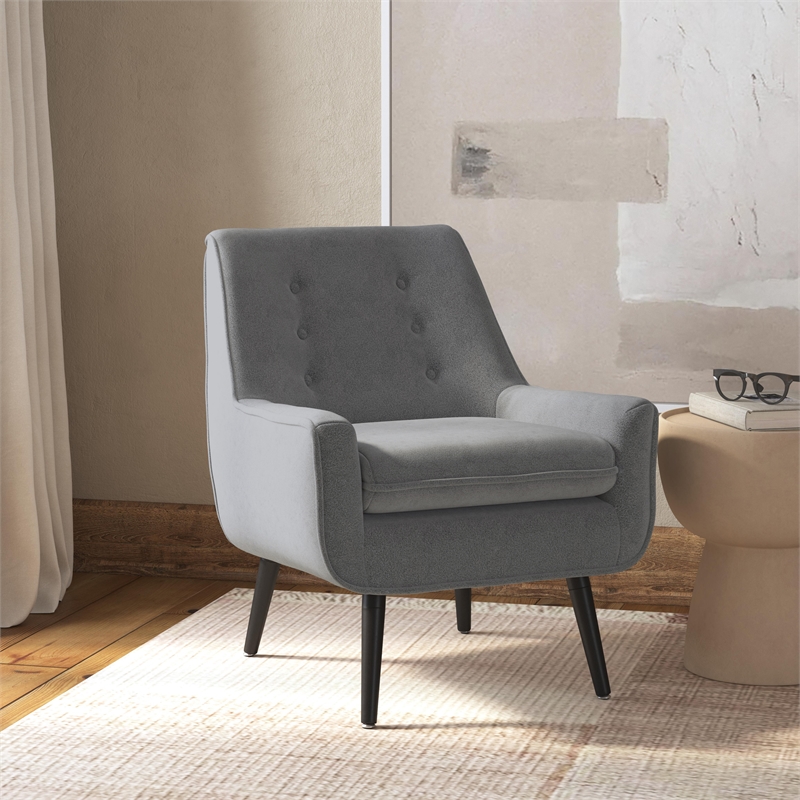 Pemberly Row Upholstered Tufted Accent Chair with Black Wood Legs in Gray
