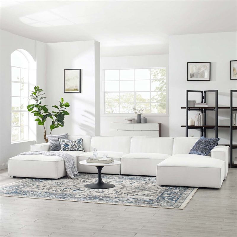 Pemberly Row 6-Piece Fabric Sectional Sofa in White with French Piping