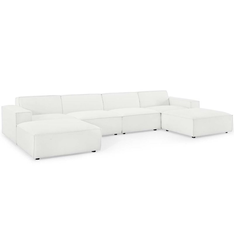 Pemberly Row 6-Piece Fabric Sectional Sofa in White with French Piping