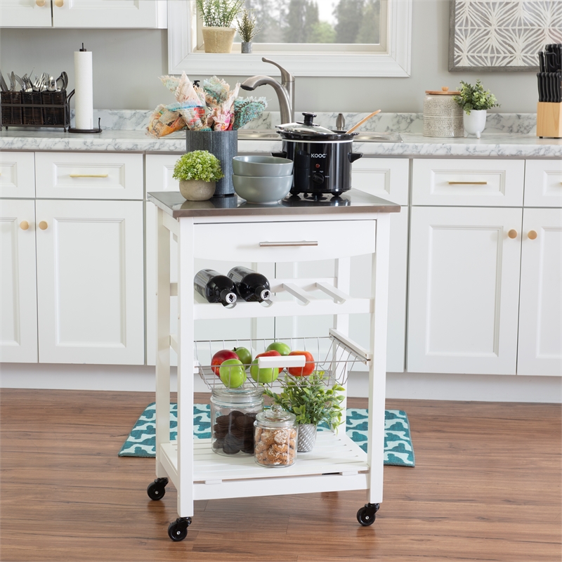 Pemberly Row Rolling Kitchen Storage Cart with Stainless Steel Top in White
