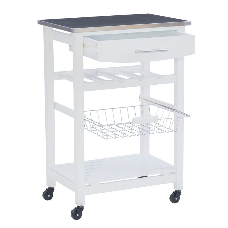Pemberly Row Rolling Kitchen Storage Cart with Stainless Steel Top in White