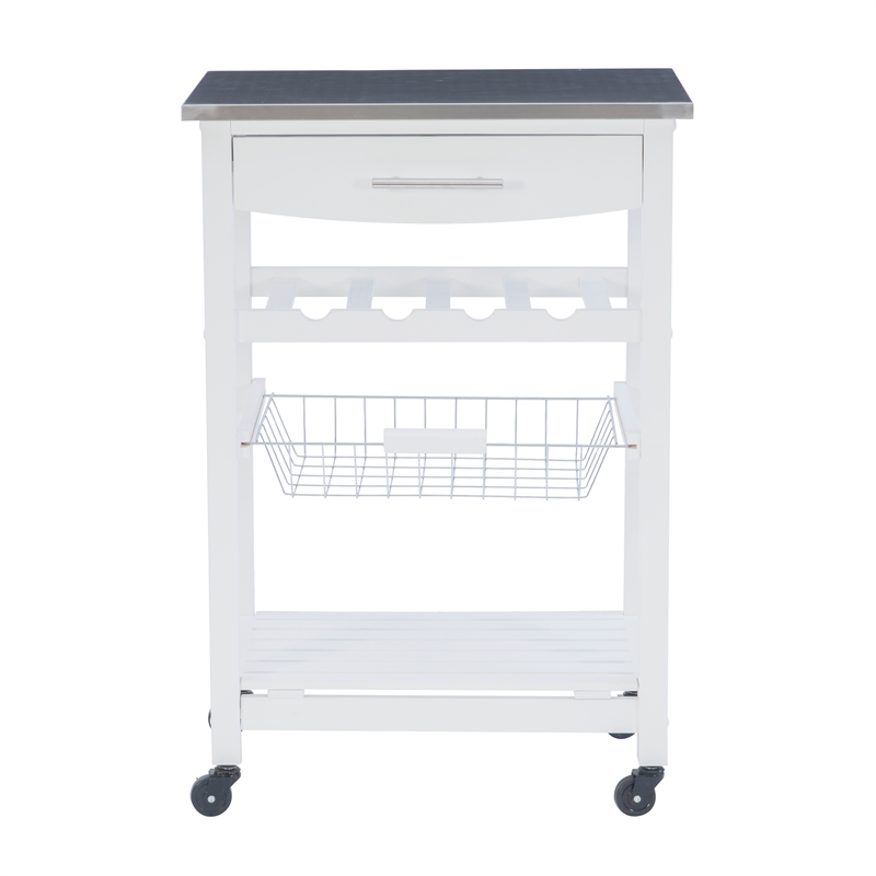 Pemberly Row Rolling Kitchen Storage Cart with Stainless Steel Top in White