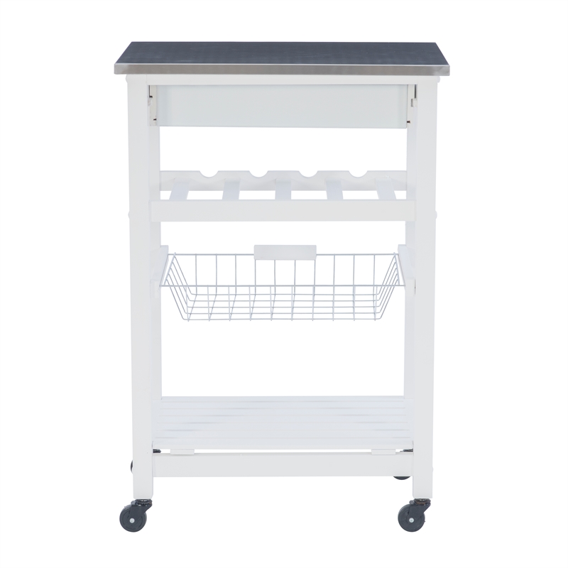 Pemberly Row Rolling Kitchen Storage Cart with Stainless Steel Top in White