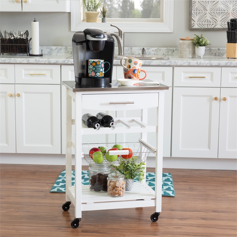 Pemberly Row Rolling Kitchen Storage Cart with Stainless Steel Top in White