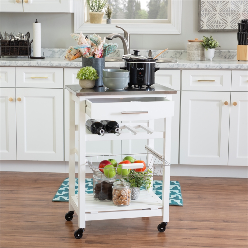 Pemberly Row Rolling Kitchen Storage Cart with Stainless Steel Top in White