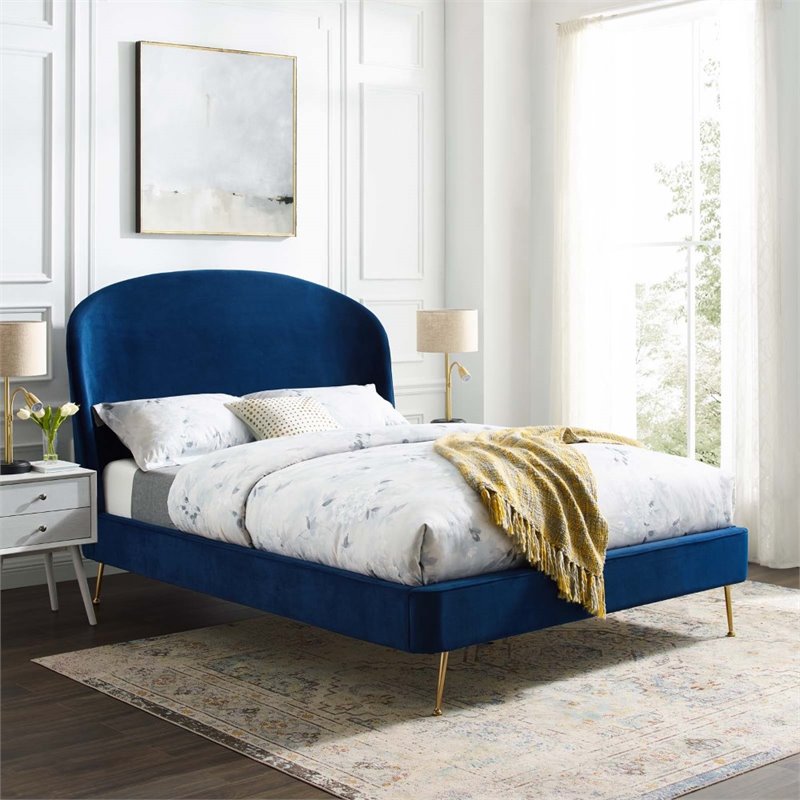Pemberly Row Queen Platform Bed in Navy Performance Velvet Upholstery