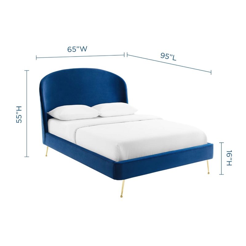 Pemberly Row Queen Platform Bed in Navy Performance Velvet Upholstery