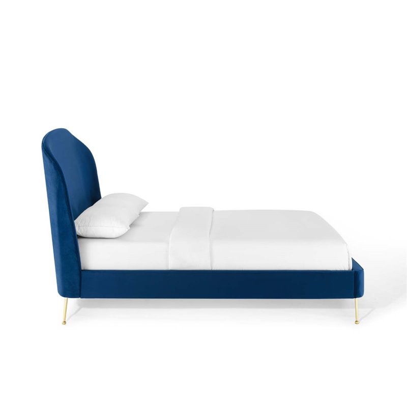 Pemberly Row Queen Platform Bed in Navy Performance Velvet Upholstery