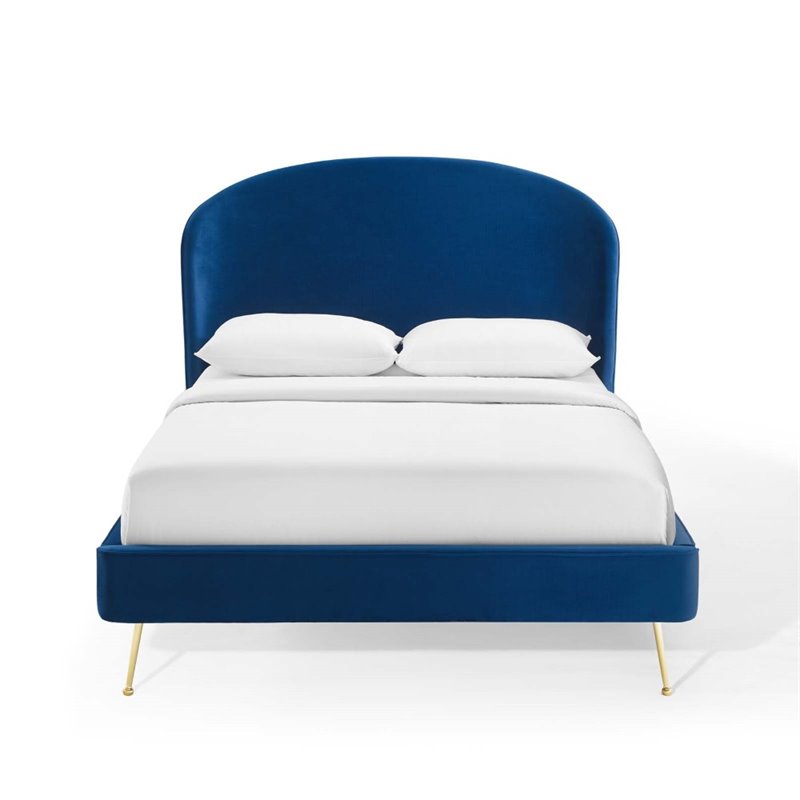Pemberly Row Queen Platform Bed in Navy Performance Velvet Upholstery