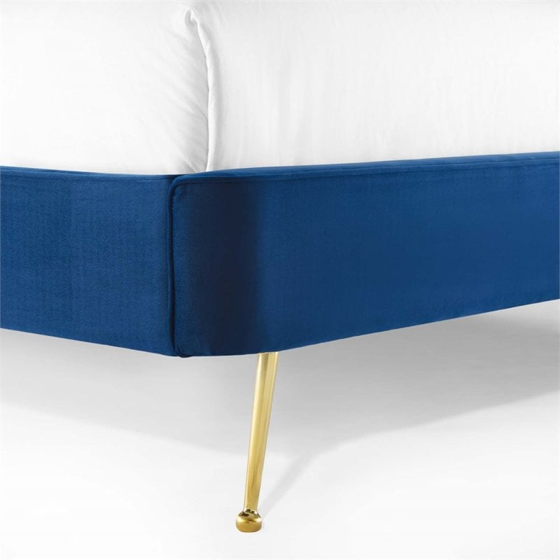 Pemberly Row Queen Platform Bed in Navy Performance Velvet Upholstery