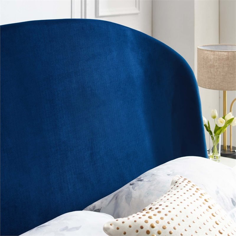 Pemberly Row Queen Platform Bed in Navy Performance Velvet Upholstery