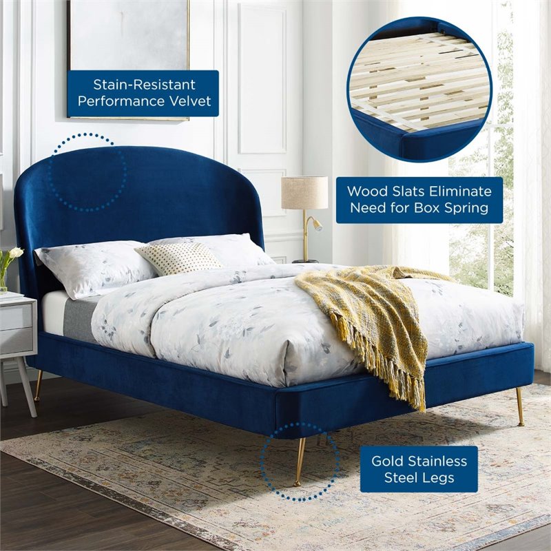 Pemberly Row Queen Platform Bed in Navy Performance Velvet Upholstery