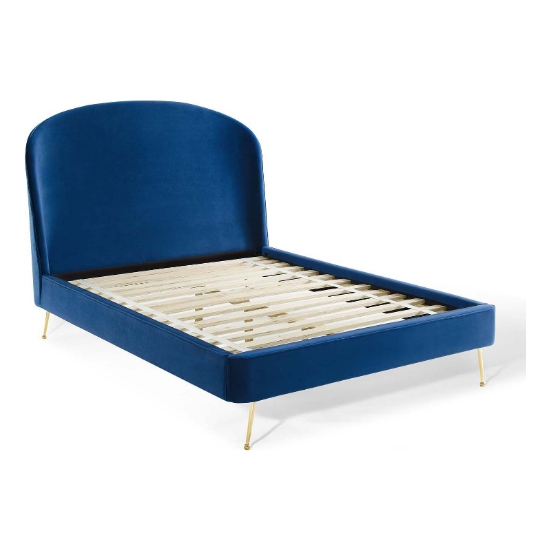 Pemberly Row Queen Platform Bed in Navy Performance Velvet Upholstery
