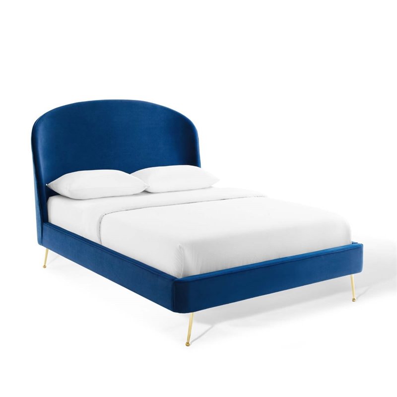 Pemberly Row Queen Platform Bed in Navy Performance Velvet Upholstery