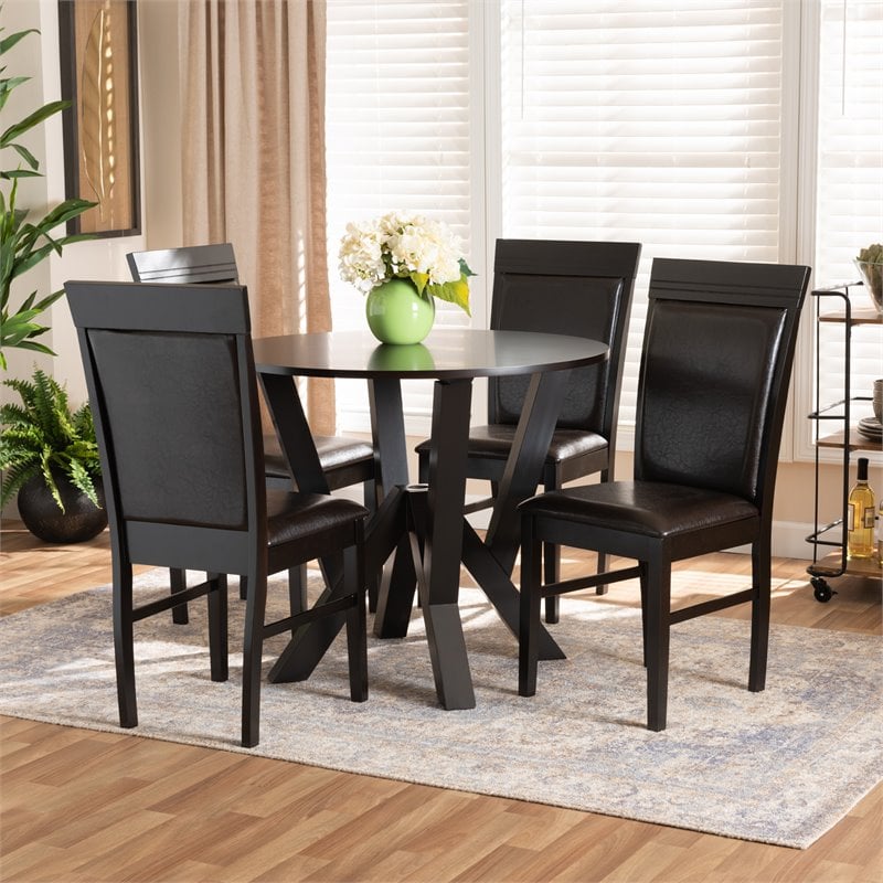 Pemberly Row Modern 5-Piece Dining Set with Faux Leather in Dark Brown