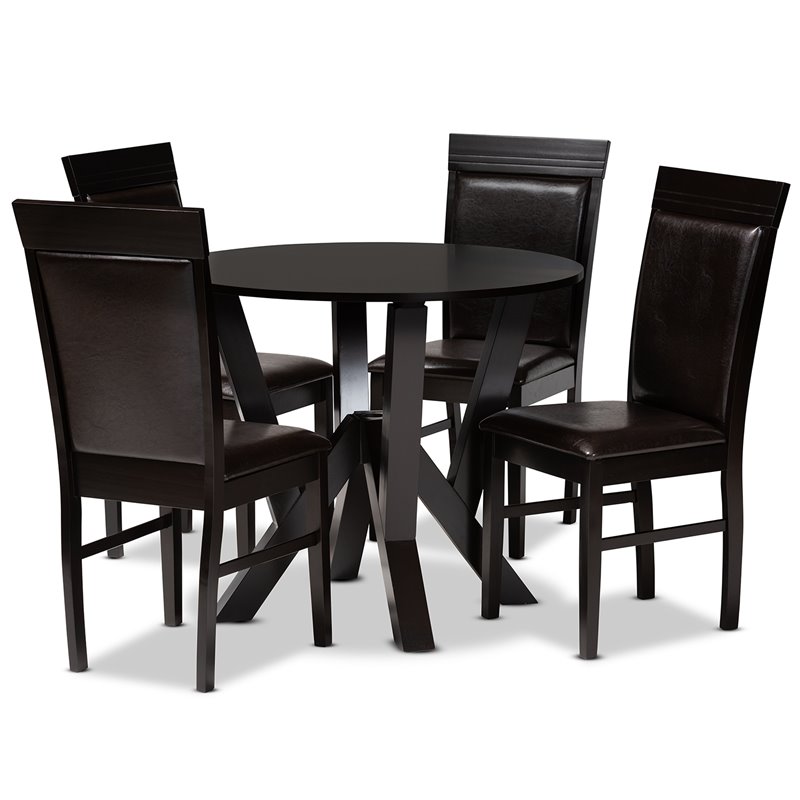 Pemberly Row Modern 5-Piece Dining Set with Faux Leather in Dark Brown