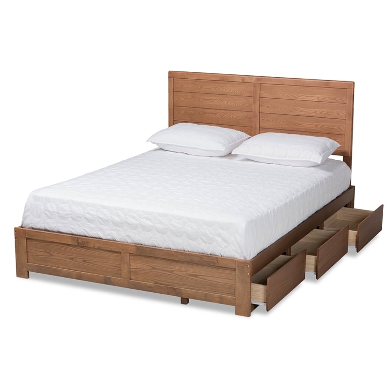 Pemberly Row Lisa Queen Wood Bed with 3 Drawers Ash Walnut Finish