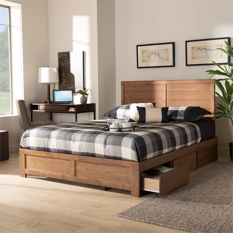 Pemberly Row Lisa Queen Wood Bed with 3 Drawers Ash Walnut Finish
