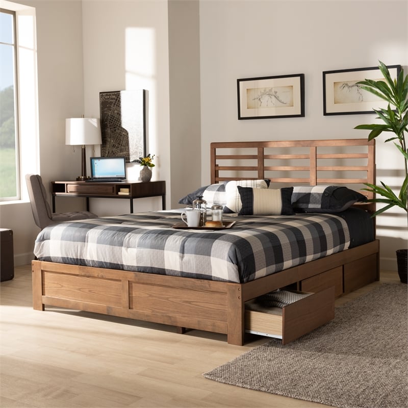 Pemberly Row Piera King Wood Bed with 3 Drawers Ash Walnut Finish