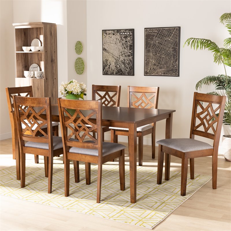Pemberly Row Grey Fabric and Brown Wood 7-Piece Walnut Dining Set